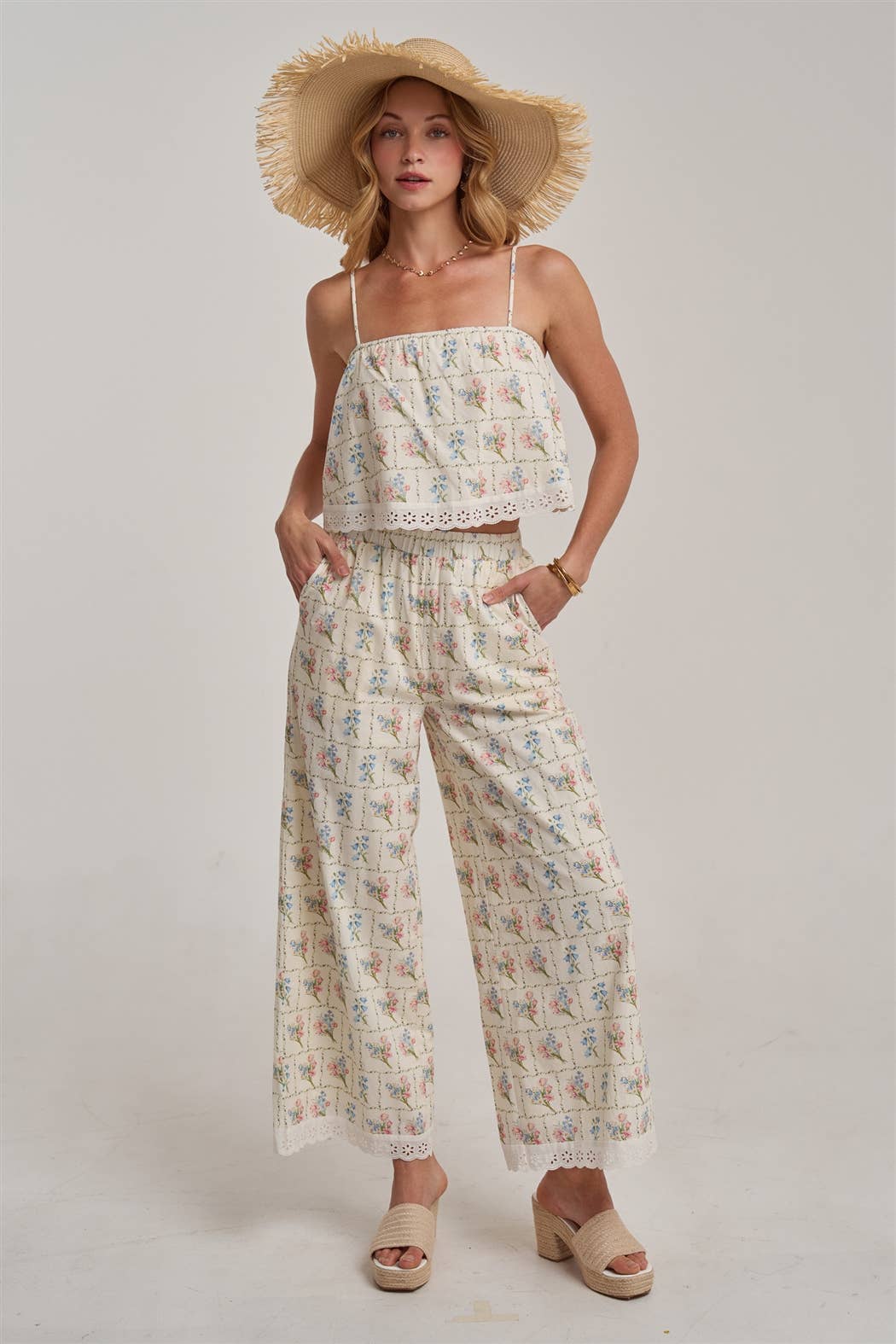 FLORAL CROPPED CAMI TOP AND WIDE LEG PANTS SUMMER SET