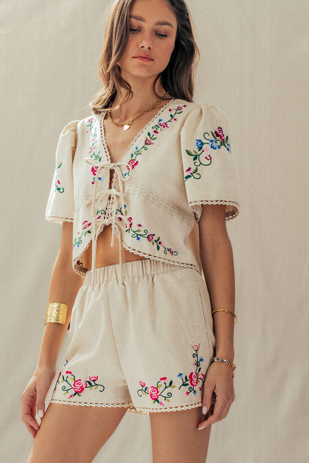 Embroidered Tie-Front Boho Crop Top