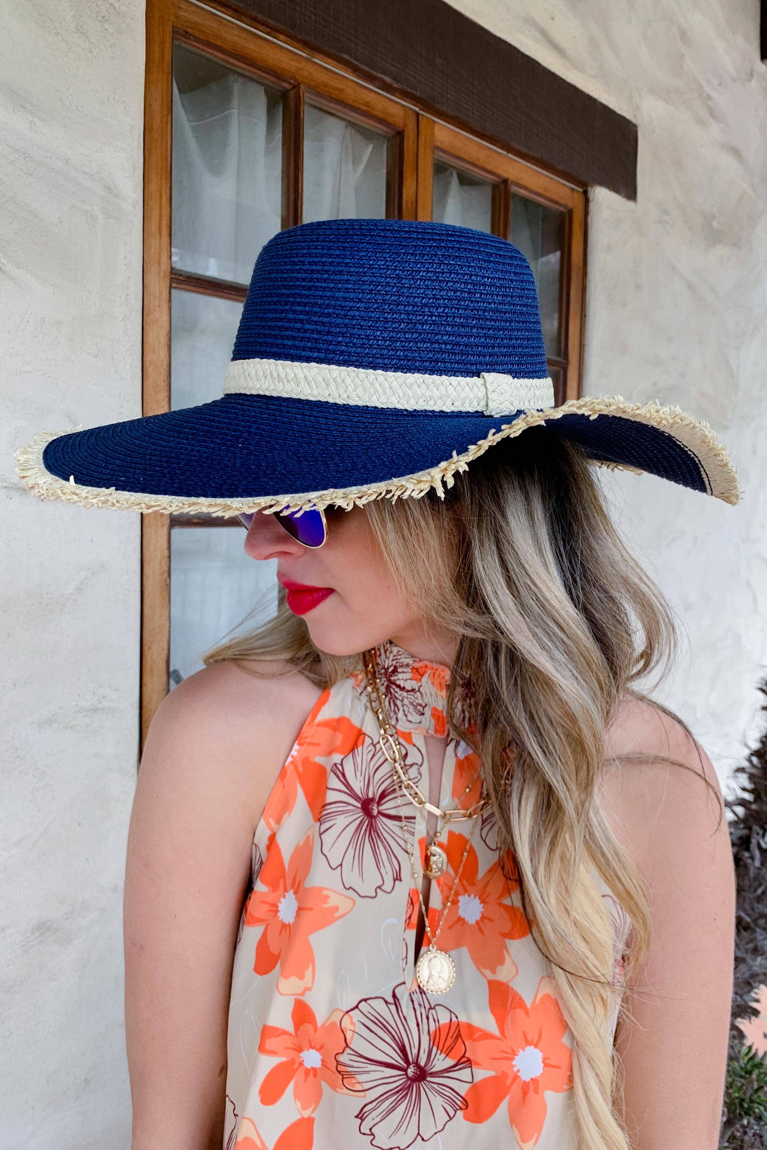 Navy Natural Straw Floppy Hat With Beige Straw Band